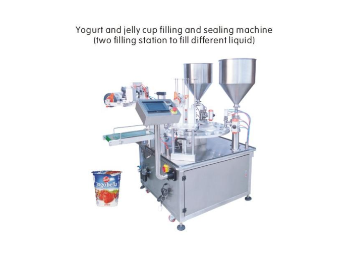 Yogurt and Jelly Cup Filling and Sealing Machine (Two filling Station to fill different liquid)