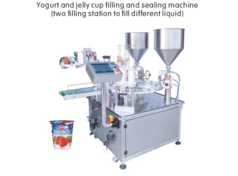 Yogurt and Jelly Cup Filling and Sealing Machine (Two filling Station to fill different liquid)